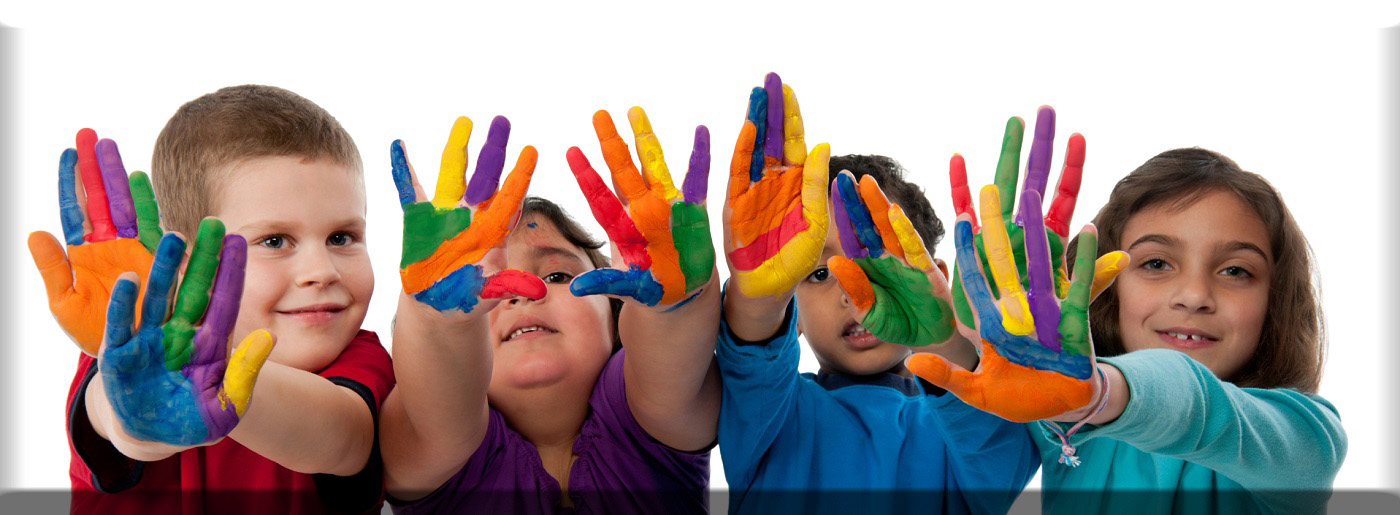 Children showing colorful painted hands